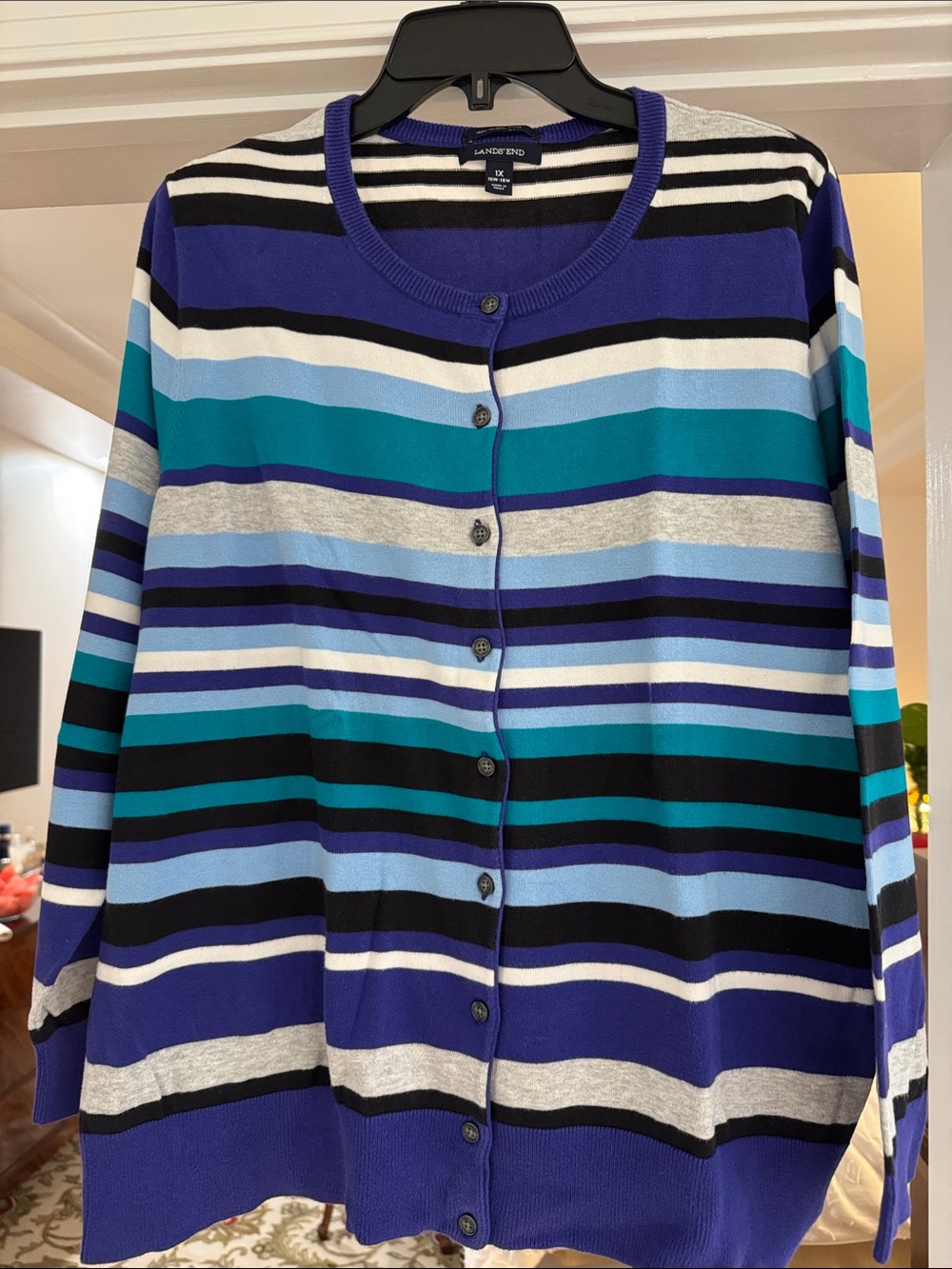 Lands' End Womenβs Striped Button Cardigan - Blue/Teal/Black